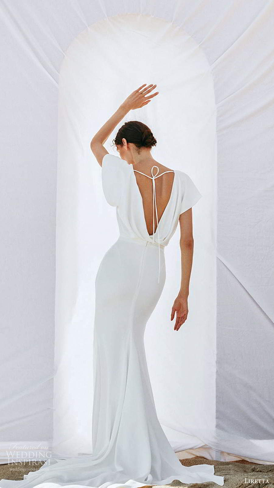 liretta 2020 bridal short flutter sleeves jewel neckline blouson sheath wedding dress chapel train (18) bv