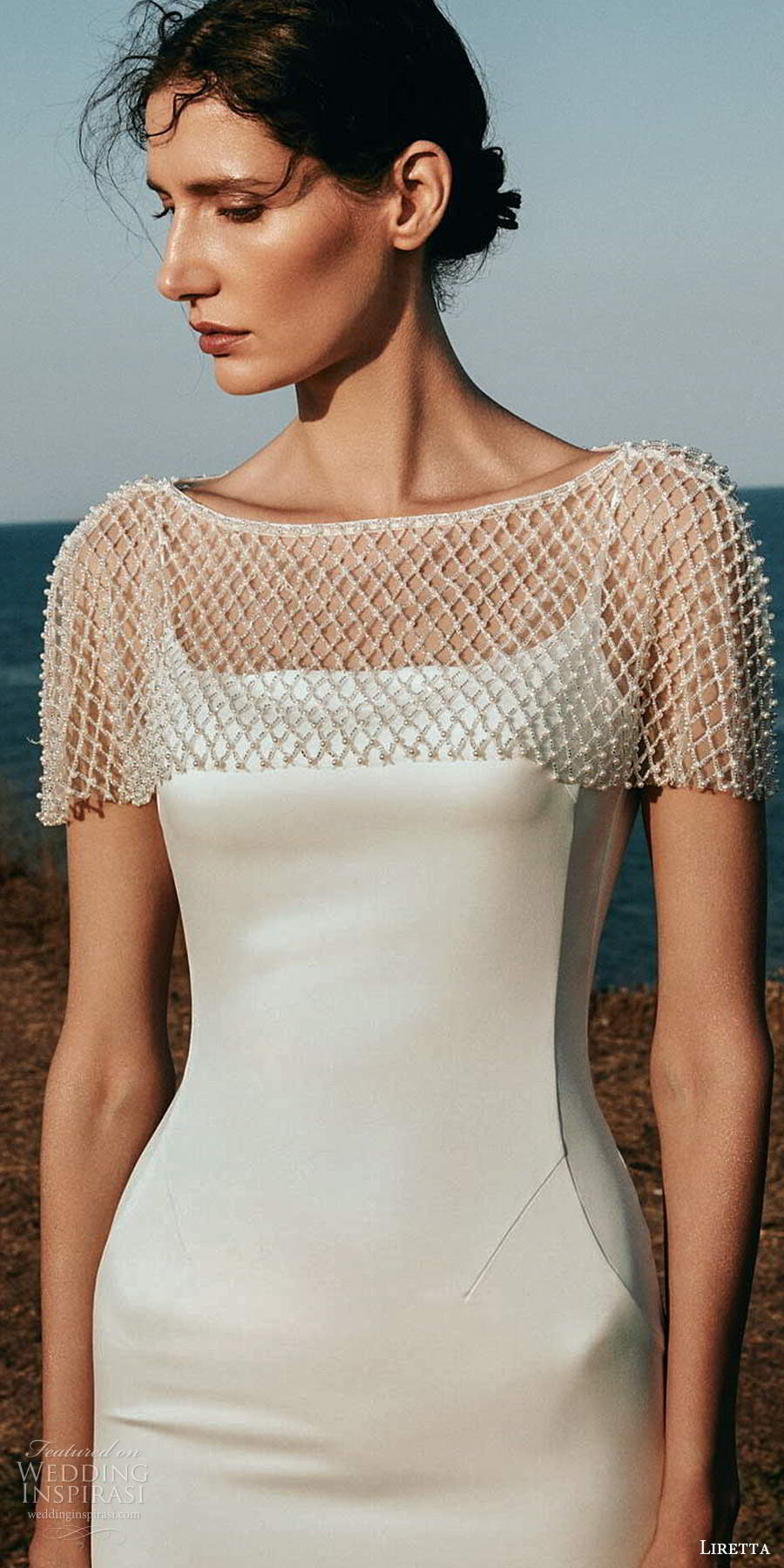 liretta 2020 bridal sleeveless thin straps clean minimalist sheath wedding dress beaded capelet (15) zv