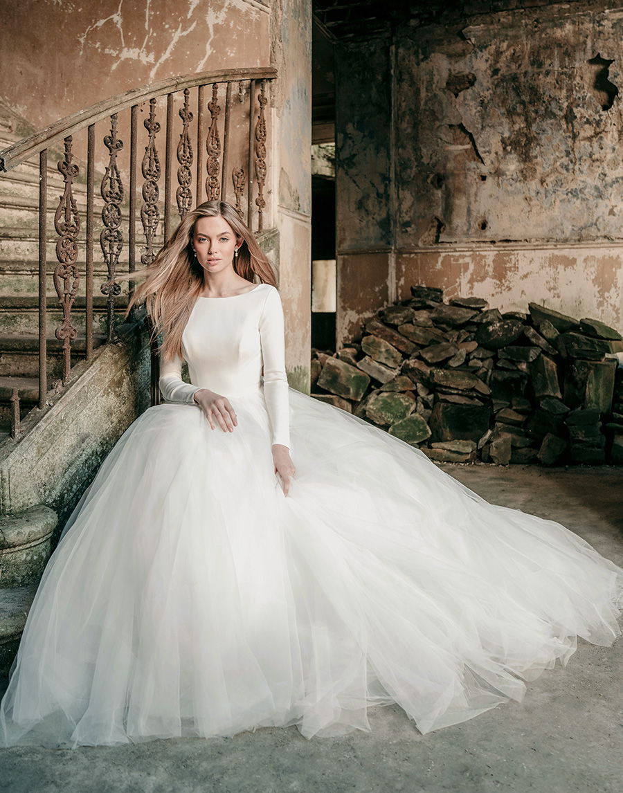 madison james spring 2020 bridal long sleeves bateau neckline simple minimalist bodice tulle skirt romantic a  line wedding dress backless low v back chapel train (mj614) mv