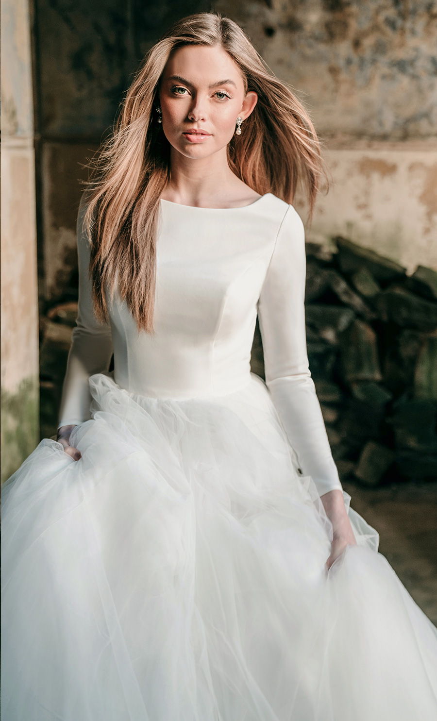 madison james spring 2020 bridal long sleeves bateau neckline simple minimalist bodice tulle skirt romantic a  line wedding dress backless low v back chapel train (mj614) zv