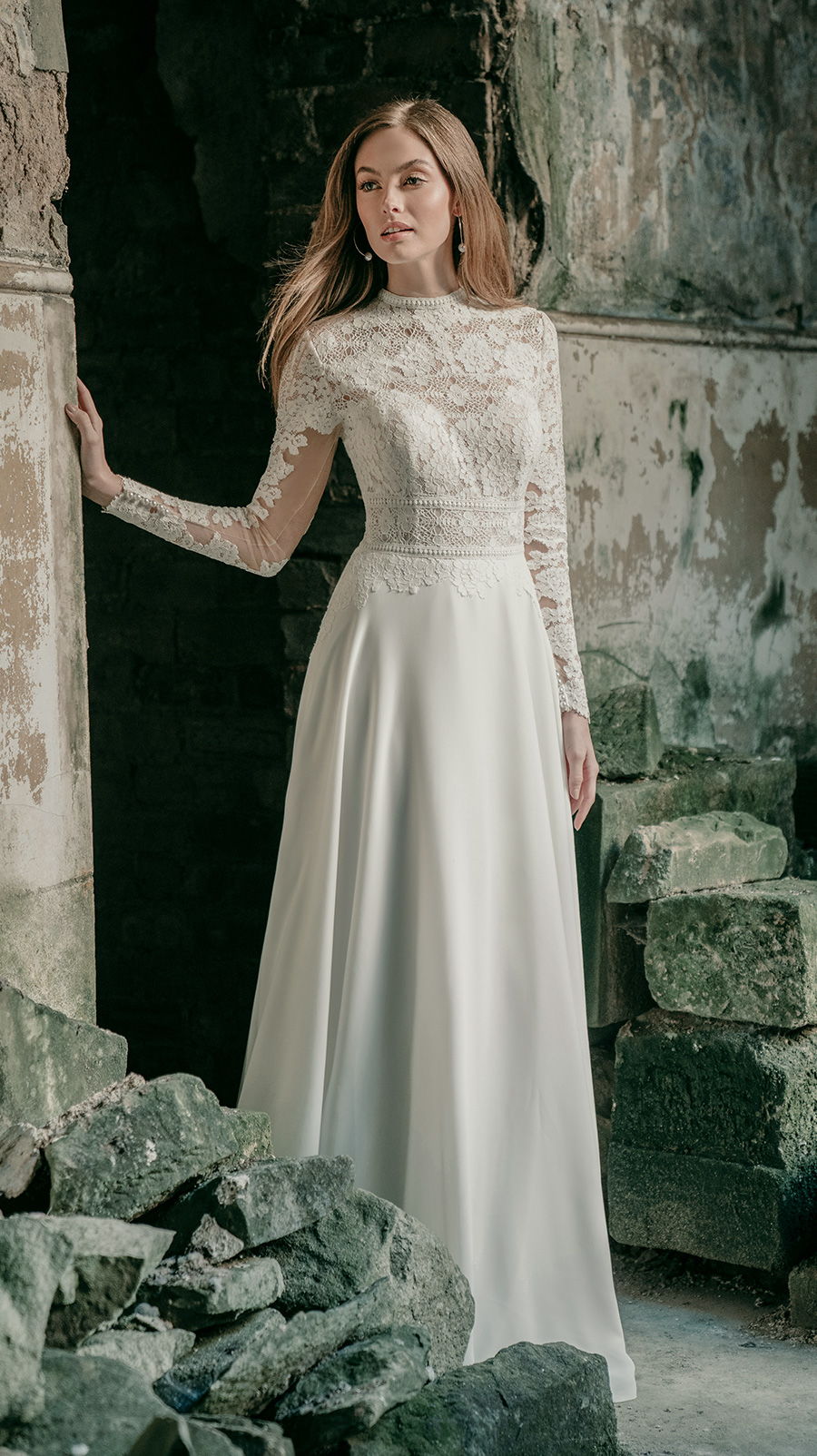 madison james spring 2020 bridal long sleeves high neck heavily embellished bodice modest elegant a  line wedding dress covered lace back chapel train (mj623) mv