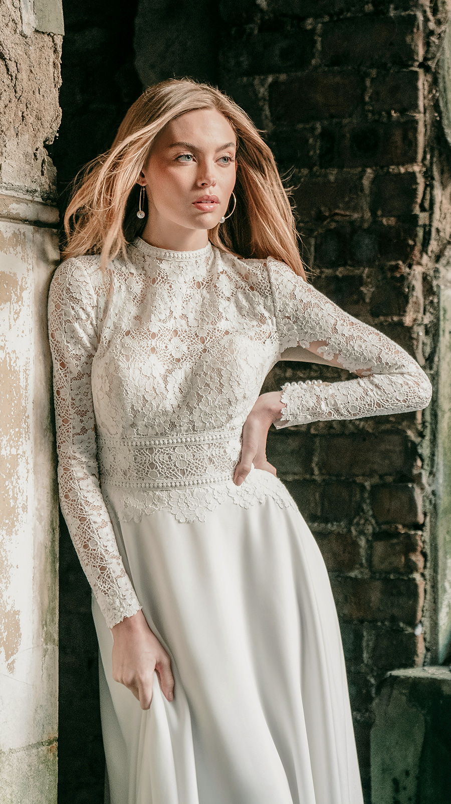 madison james spring 2020 bridal long sleeves high neck heavily embellished bodice modest elegant a  line wedding dress covered lace back chapel train (mj623) zv