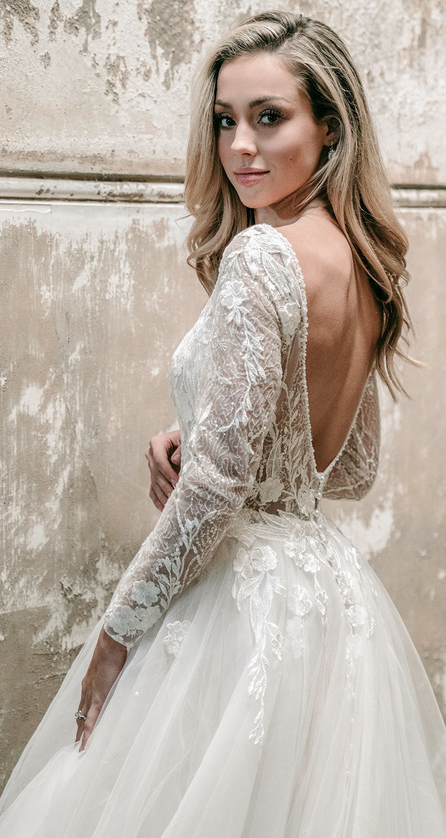 madison james spring 2020 bridal long sleeves off the shoulder v neck heavily embellished bodice tulle skirt romantic a  line wedding dress backless v back chapel train (mj617) bv