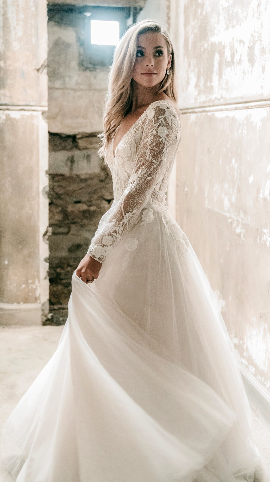 madison james spring 2020 bridal long sleeves off the shoulder v neck heavily embellished bodice tulle skirt romantic a  line wedding dress backless v back chapel train (mj617) sdv