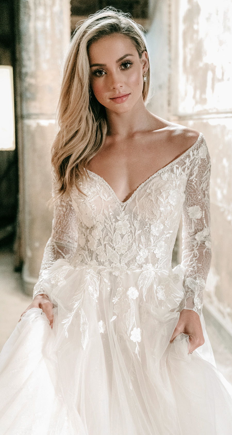 madison james spring 2020 bridal long sleeves off the shoulder v neck heavily embellished bodice tulle skirt romantic a  line wedding dress backless v back chapel train (mj617) zv