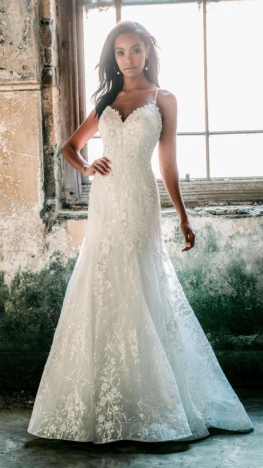 madison james spring 2020 bridal sleeveless spaghetti strap sweetheart neckline full embellishment romantic fit and flare wedding dress backless chapel train (mj620) mv