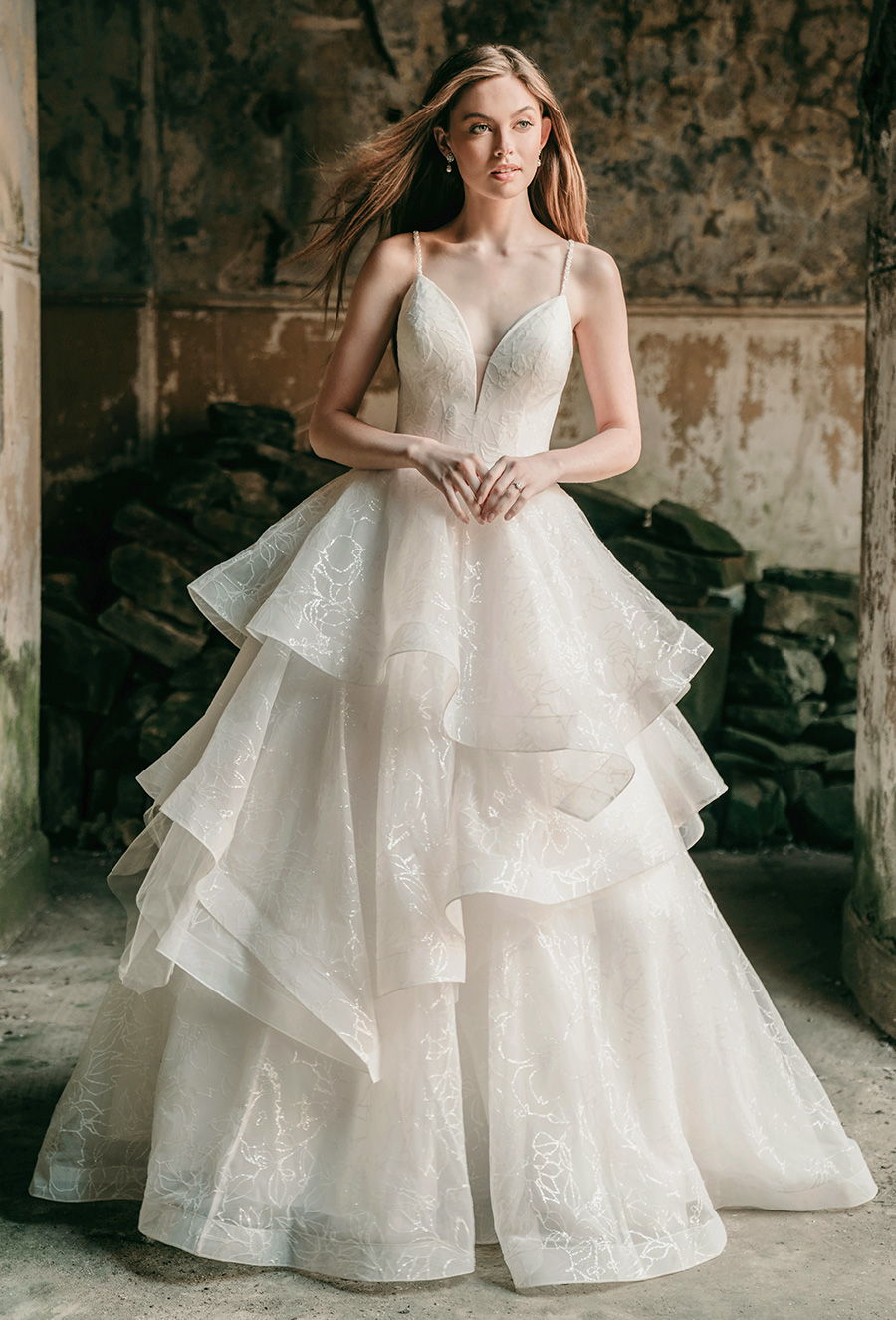 madison james spring 2020 bridal spaghetti strap deep plunging sweetheart neckline heavily embellished bodice tiered skirt romantic a  line wedding dress backless chapel train (mj625) mv