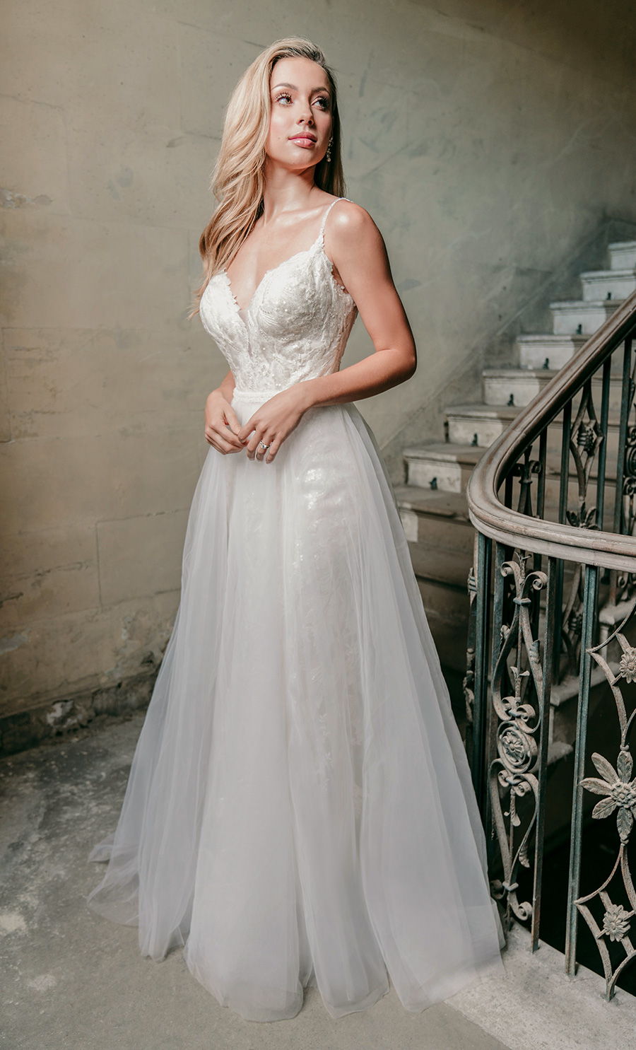 madison james spring 2020 bridal spaghetti strap diamond neck full embellishment elegant fit and flare wedding dress a  line overskirt backless scoop back medium train (mj619) mv