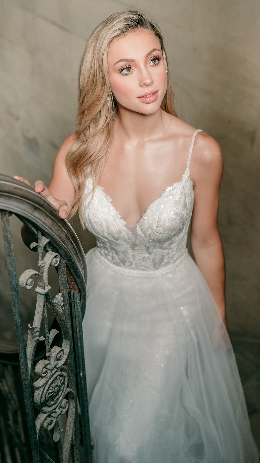 madison james spring 2020 bridal spaghetti strap diamond neck full embellishment elegant fit and flare wedding dress a  line overskirt backless scoop back medium train (mj619) zv