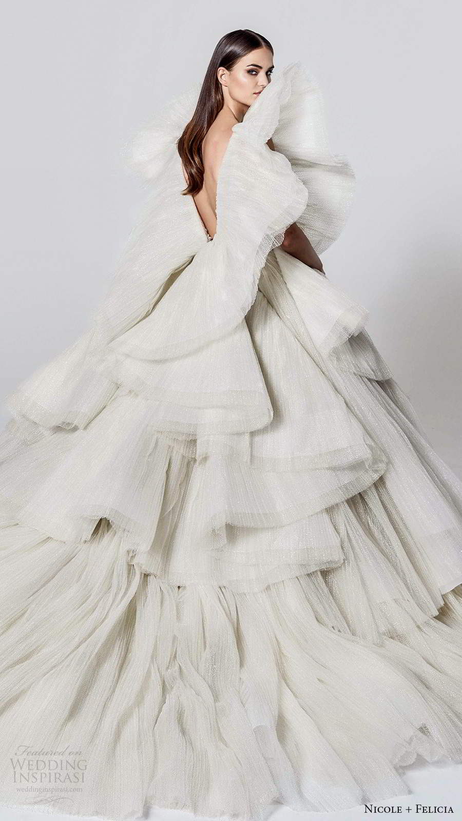 nicole and felicia fall 2020 bridal flutter sleeves plunging v neckline pleated bodice ball gown wedding dress tiered skirt (1) bv nicole and felicia fall 2020 bridal flutter sleeves plunging v neckline pleated bodice ball gown wedding dress tiered skirt (1) bv