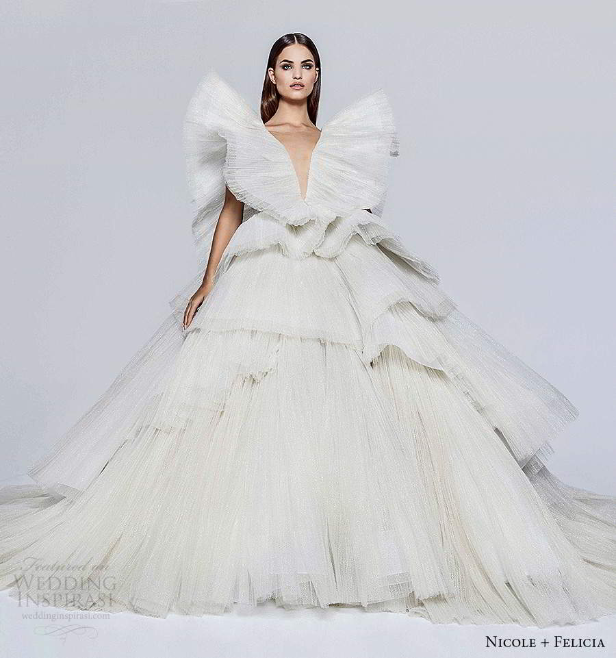 nicole and felicia fall 2020 bridal flutter sleeves plunging v neckline pleated bodice ball gown wedding dress tiered skirt (1) fv