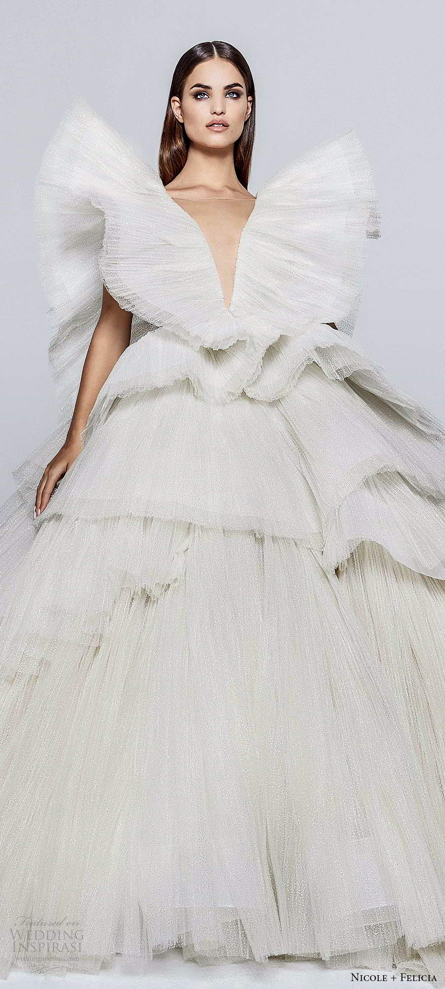 nicole and felicia fall 2020 bridal flutter sleeves plunging v neckline pleated bodice ball gown wedding dress tiered skirt (1) lv