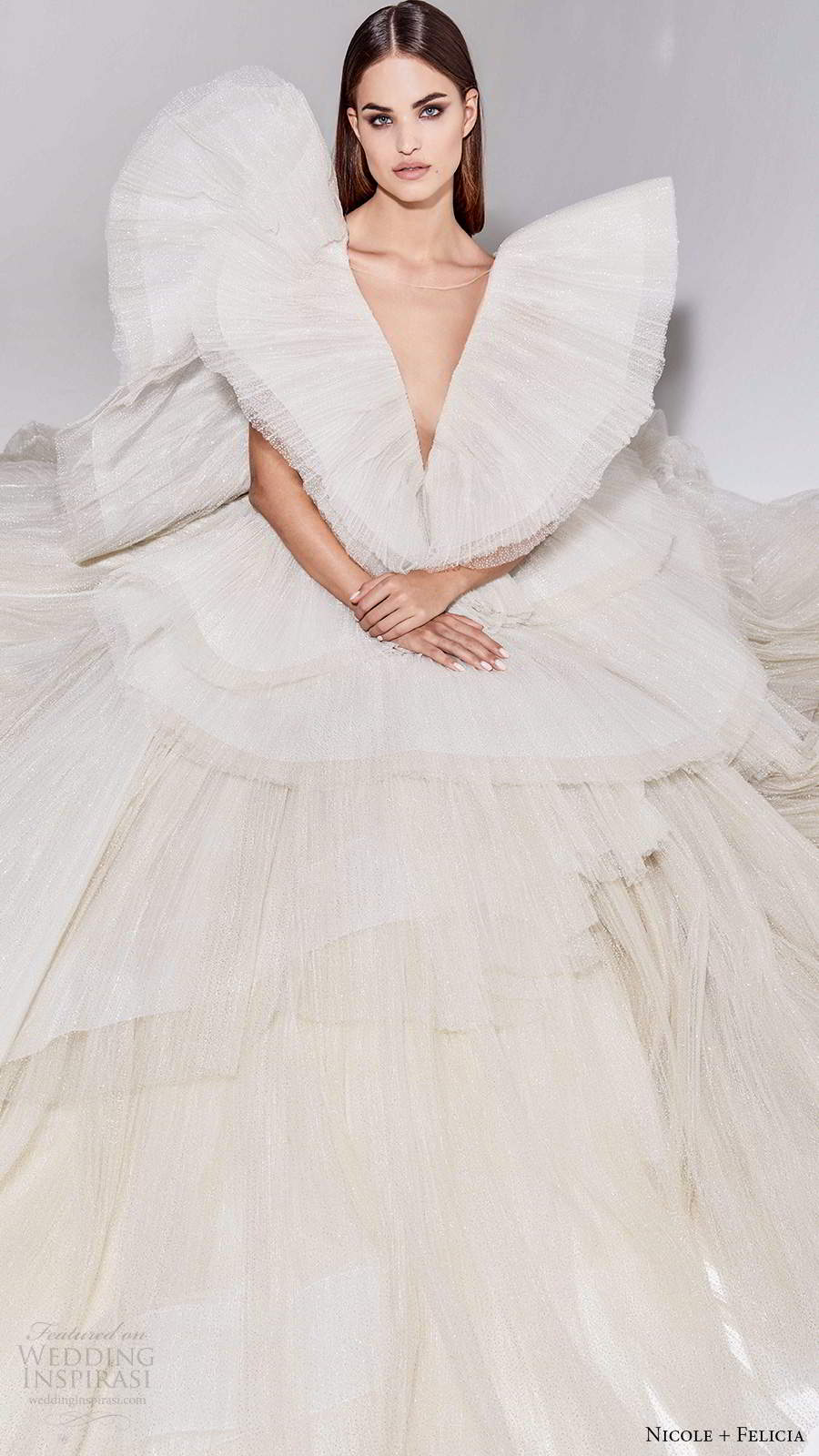 nicole and felicia fall 2020 bridal flutter sleeves plunging v neckline pleated bodice ball gown wedding dress tiered skirt (1) mv