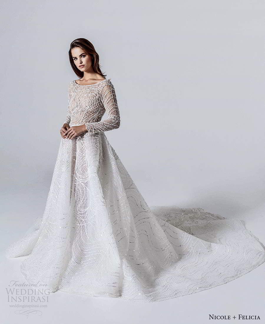 nicole and felicia fall 2020 bridal illusion long sleeves bateau neckline fully embellished a line ball gown wedding dress chapel train (3) mv