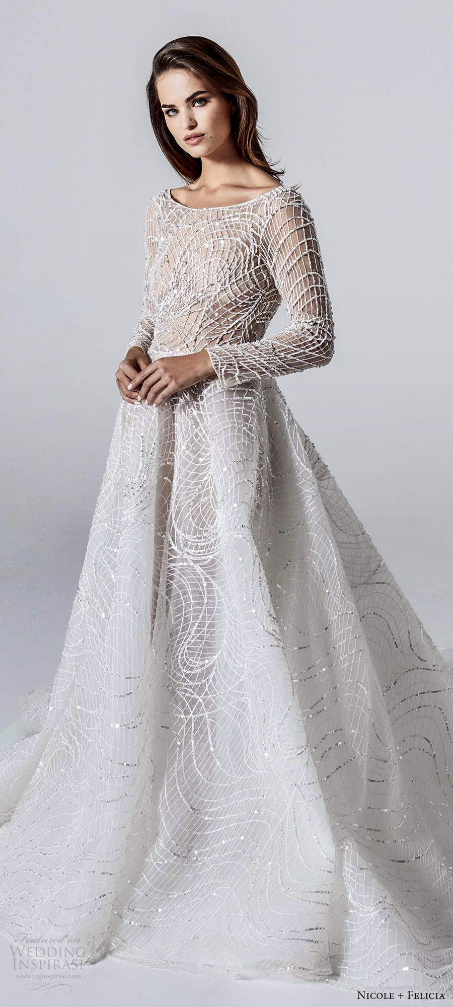 nicole and felicia fall 2020 bridal illusion long sleeves bateau neckline fully embellished a line ball gown wedding dress v back chapel train (3) lv