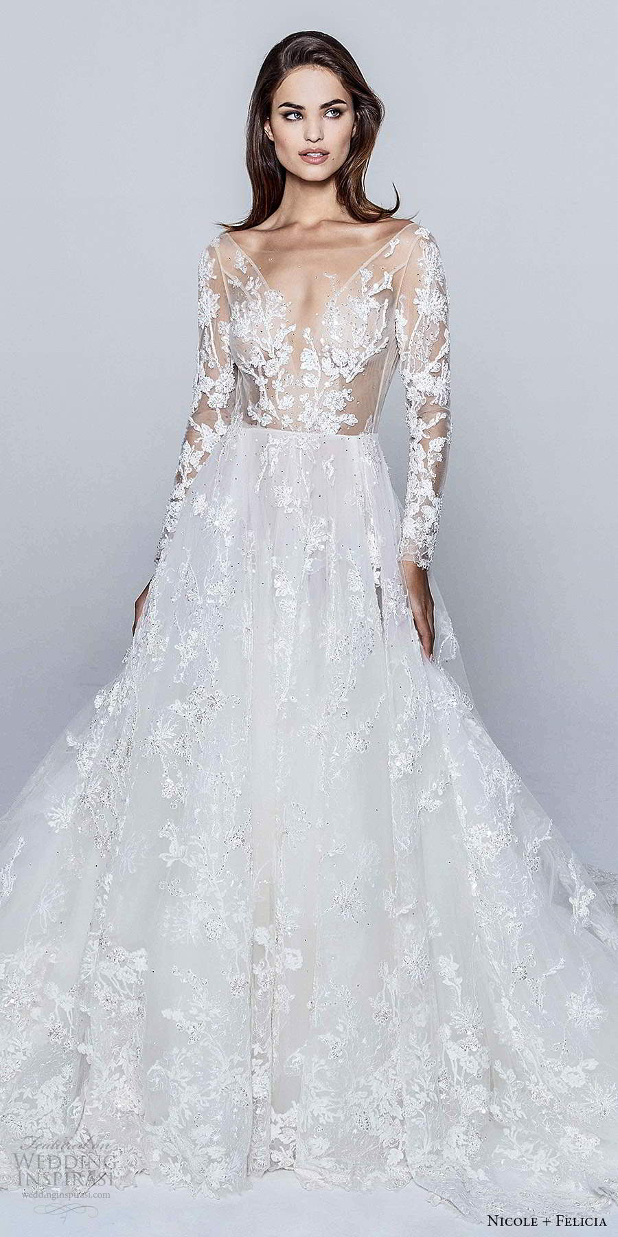 nicole and felicia fall 2020 bridal illusion long sleeves plunging v neckline embellished bodice a line ball gown wedding dress v back chapel train (2) mv