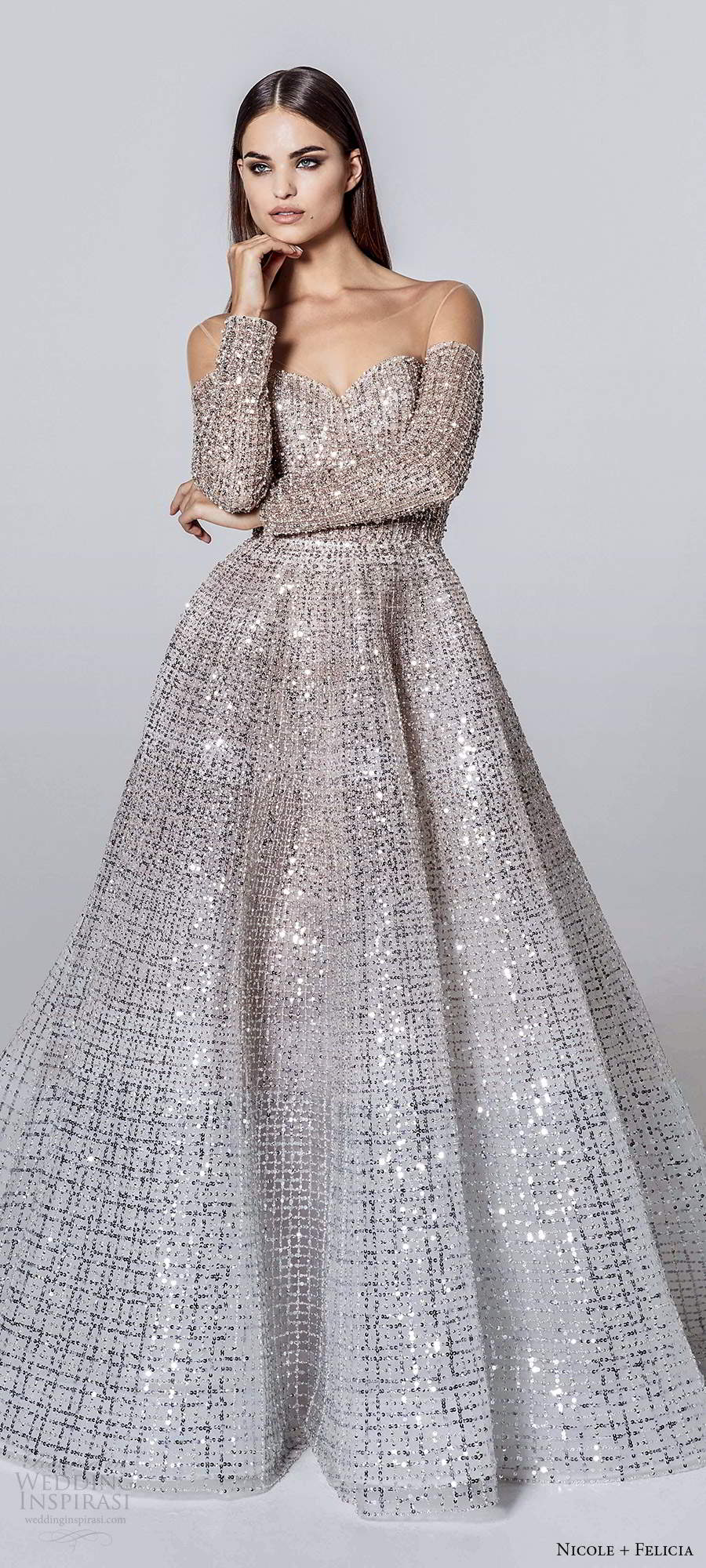 nicole and felicia fall 2020 bridal long sleeves illusion jewel sweetheart neckline fully embellished glitzy a line ball gown wedding dress chapel train (5) lv
