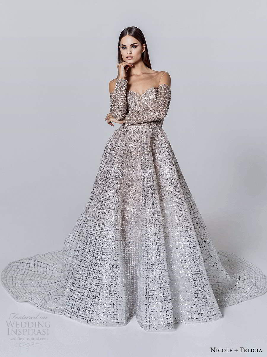 nicole and felicia fall 2020 bridal long sleeves illusion jewel sweetheart neckline fully embellished glitzy a line ball gown wedding dress chapel train (5) mv