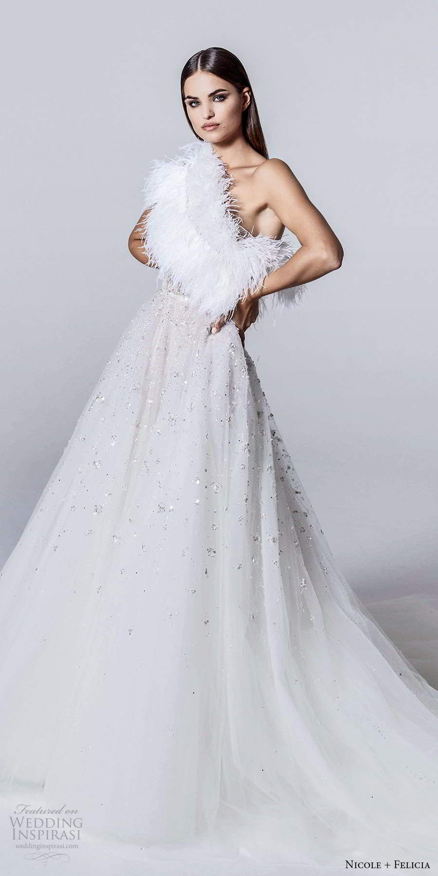 nicole and felicia fall 2020 bridal one shoulder asymmetric neckline feather bodice fully embellished a line ball gown wedding dress chapel train (7) mv