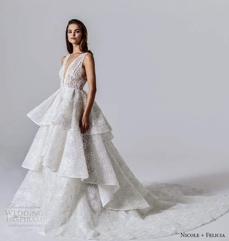 nicole and felicia fall 2020 bridal sleeveless thick straps plunging v neckline fully embellished a line ball gown wedding dress tiered skirt chapel train (6) fv