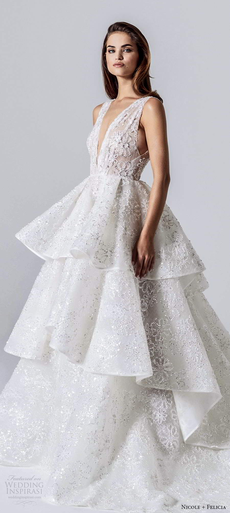 nicole and felicia fall 2020 bridal sleeveless thick straps plunging v neckline fully embellished a line ball gown wedding dress tiered skirt chapel train (6) mv