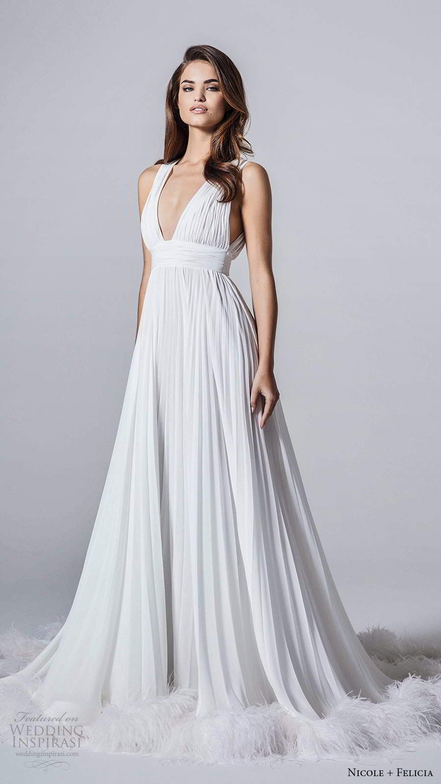 nicole and felicia fall 2020 bridal sleeveless thick straps plunging v neckline ruched bodice a line wedding dress chapel train (10) mv