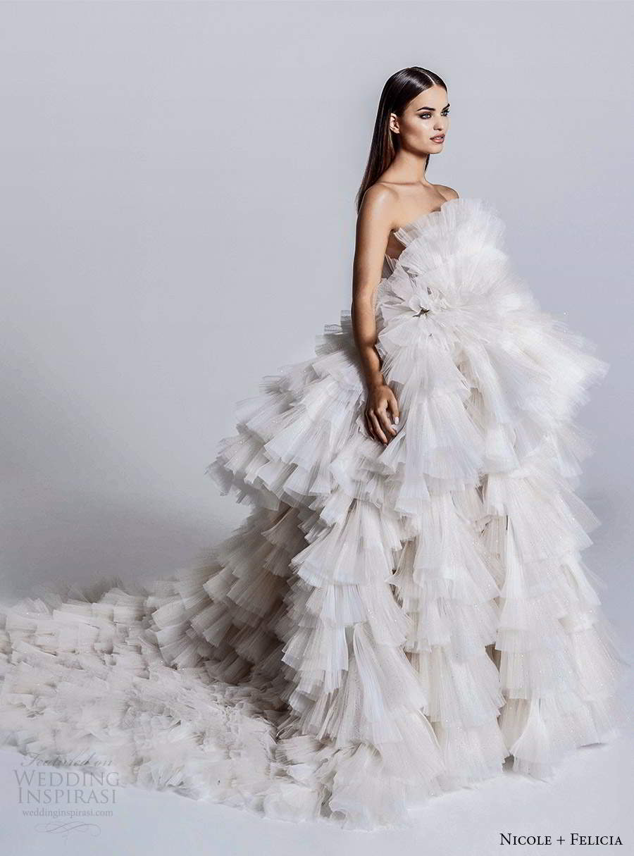 nicole and felicia fall 2020 bridal strapless crumbcatcher neckline fully ruffle a line ball gown wedding dress cathedral train (4) mv