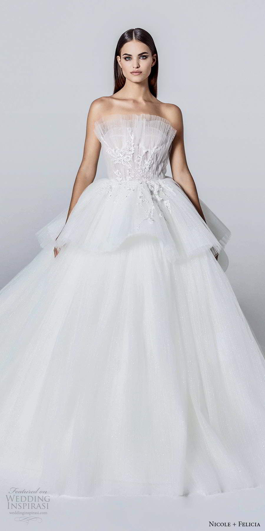nicole and felicia fall 2020 bridal strapless crumbcatcher neckline pleated bodice a line ball gown wedding dress tiered skirt chapel train (12) mv