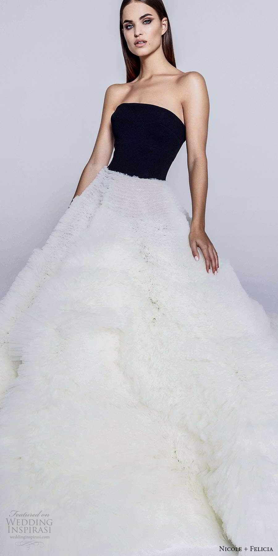 nicole and felicia fall 2020 bridal strapless straight across neckline black bodice a line ball gown wedding dress ruffle skirt chapel train (8) fv