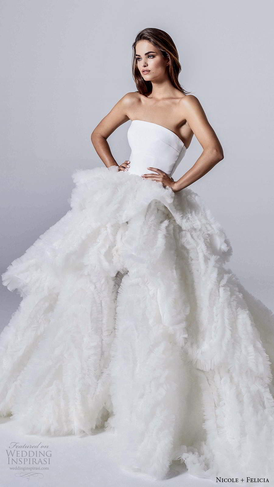 nicole and felicia fall 2020 bridal strapless straight across neckline clean bodice a line ball gown wedding dress ruffle skirt chapel train (21) mv nicole and felicia fall 2020 bridal strapless straight across neckline clean bodice a line ball gown wedding dress ruffle skirt chapel train (21) mv