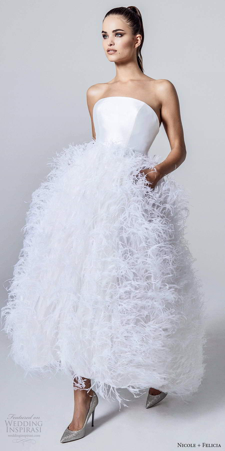 nicole and felicia fall 2020 bridal strapless straight across neckline clean bodice feather skirt tea length ball gown wedding dress (13) mv