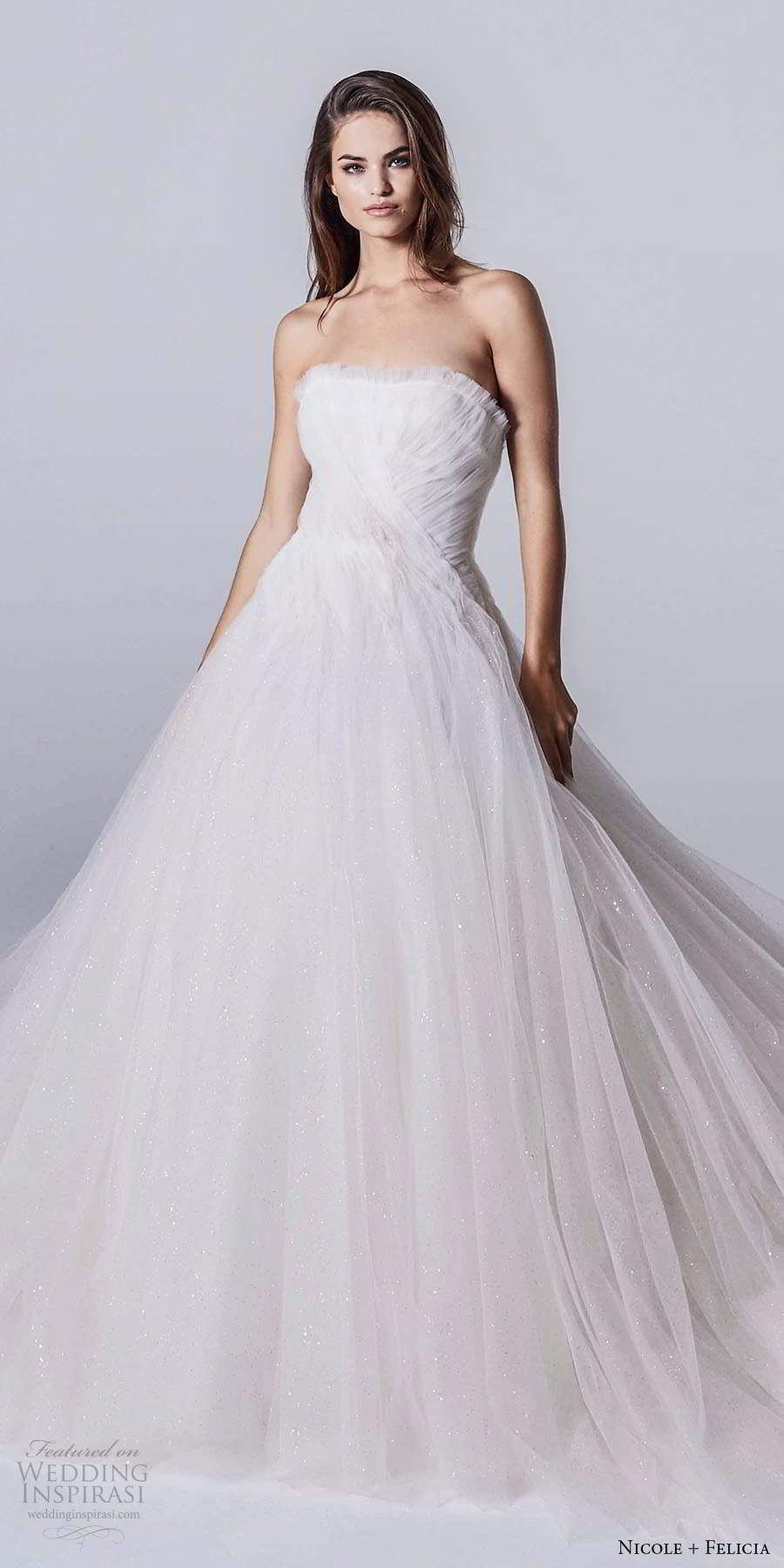 nicole and felicia fall 2020 bridal strapless straight across neckline ruched bodice a line ball gown wedding dress (19) mv