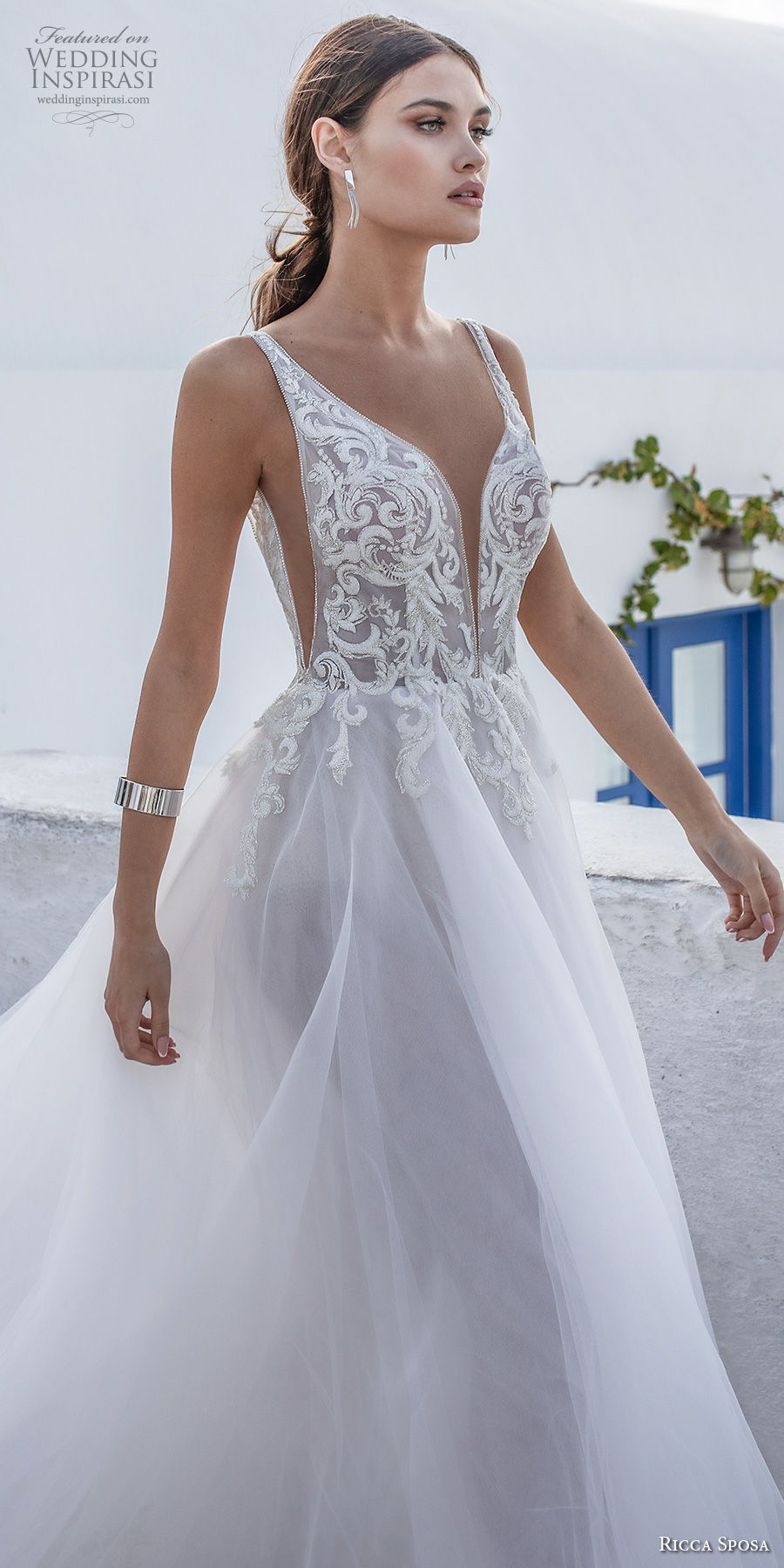 ricca sposa 2021 bridal sleeveless with strap deep plunging sweetheart neckline heavily embellished bodice romantic a  line wedding dress backless v back royal train (1) lv