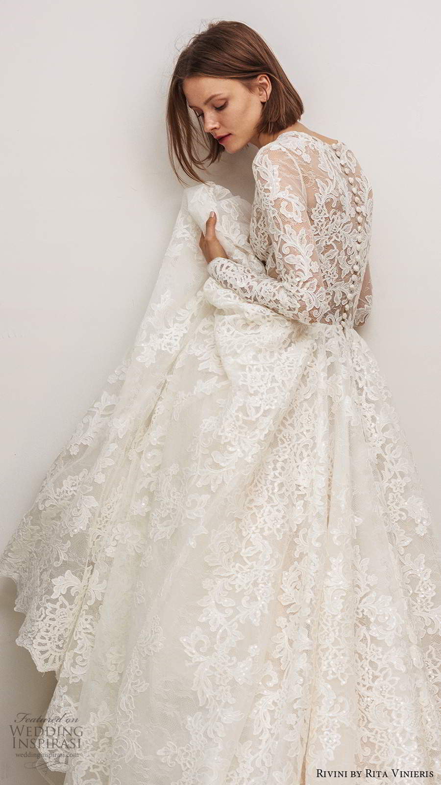 rivini by rita vinieris fall 2020 bridal long sleeves plunging v neckline fully embellished lace a line ball gown wedding dress chapel train (1) bv