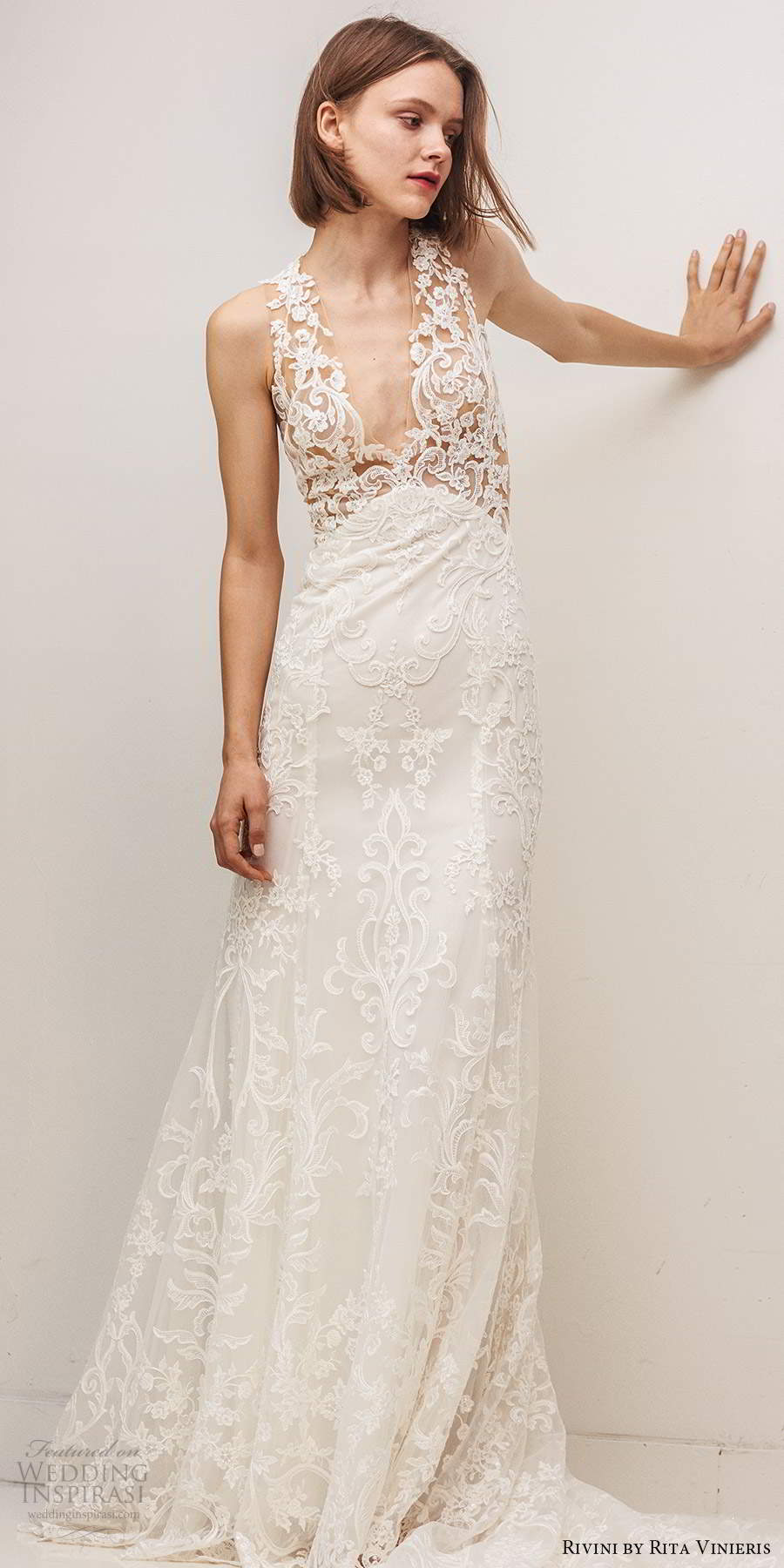 rivini by rita vinieris fall 2020 bridal sleeveless illusion straps plunging v neckline fully embellished sheath wedding dress chapel train (4) mv