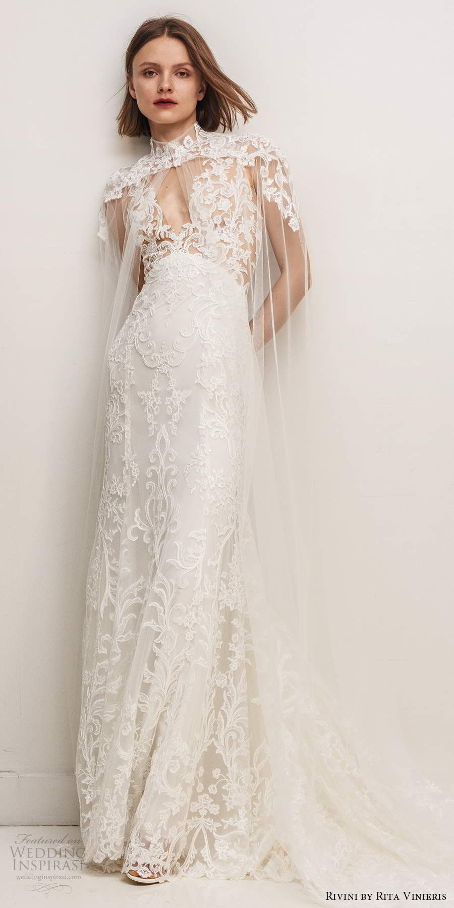 rivini by rita vinieris fall 2020 bridal sleeveless illusion straps plunging v neckline fully embellished sheath wedding dress illusion back chapel train cape (4) bv