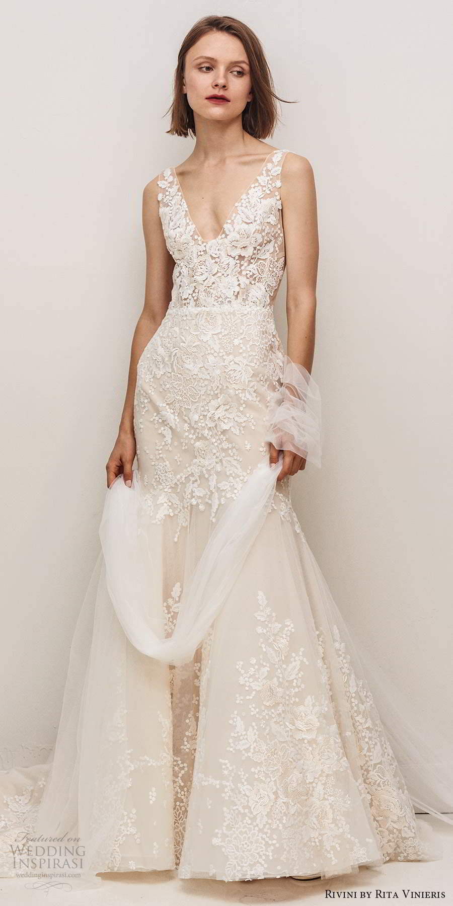 rivini by rita vinieris fall 2020 bridal sleeveless illusion straps v neckline fully embellished lace fit flare mermaid wedding dress chapel train (6) mv