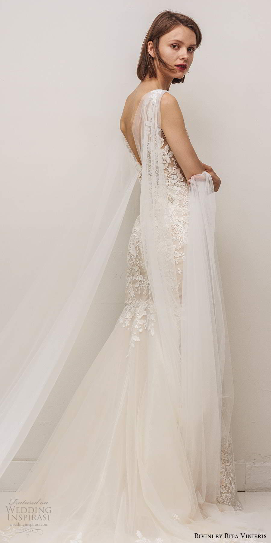 rivini by rita vinieris fall 2020 bridal sleeveless illusion straps v neckline fully embellished lace fit flare mermaid wedding dress chapel train (6) sv