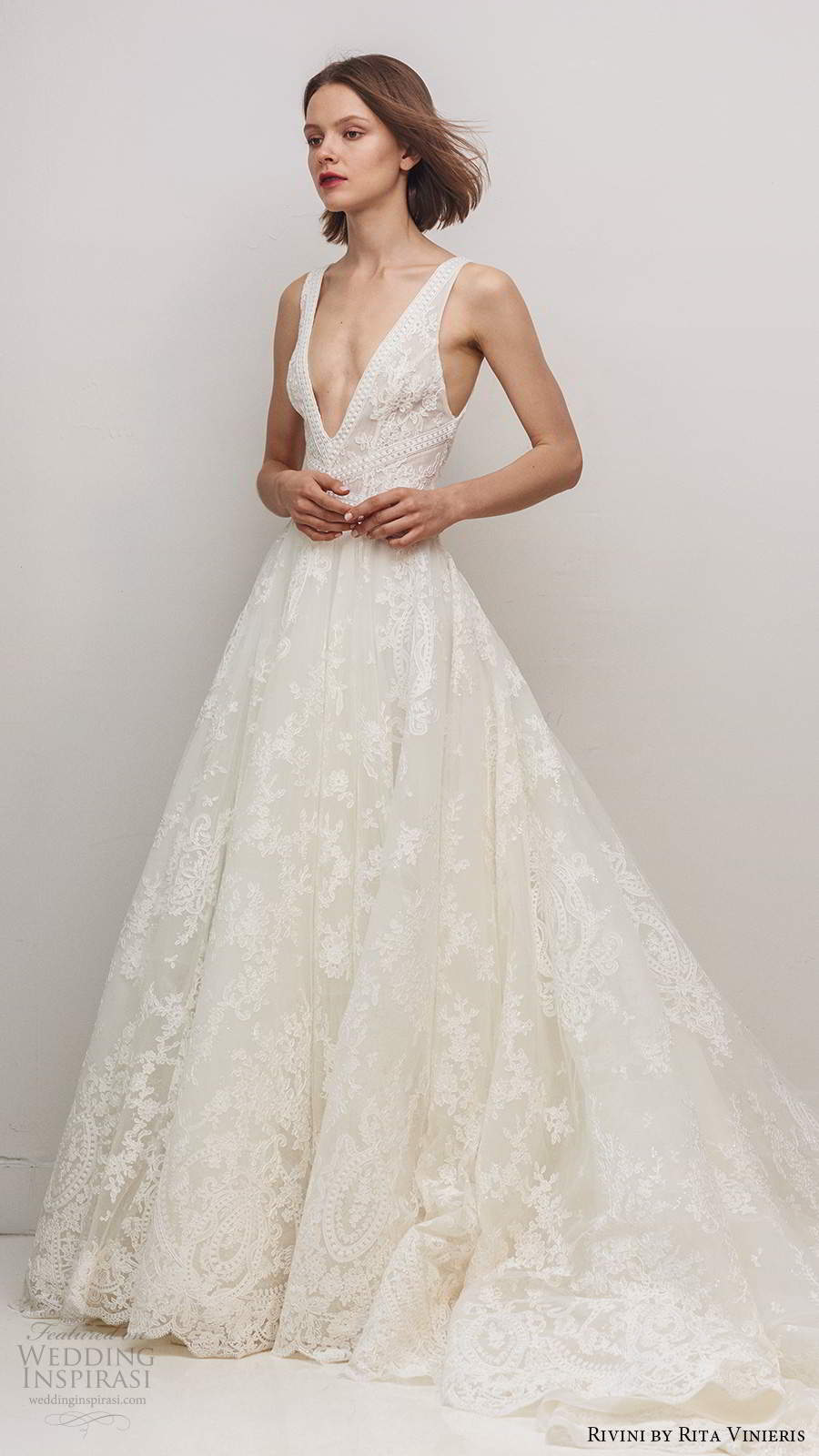 rivini by rita vinieris fall 2020 bridal sleeveless straps plunging v neckline fully embellished lace a line ball gown wedding dress chapel train (8) mv