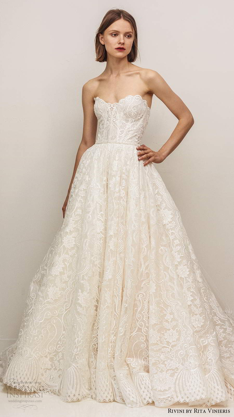 rivini by rita vinieris fall 2020 bridal strapless sweetheart necklnie fully embellished lace a line ball gown wedding dress chapel train (5) mv