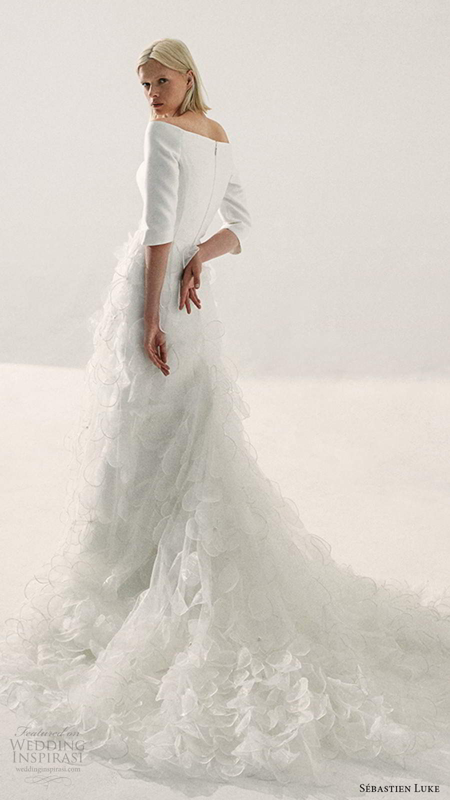 sebastien luke fall 2020 bridal 3 quarter sleeves off shoulder neckline clean bodice embellished skirt a line wedding dress (4) bv