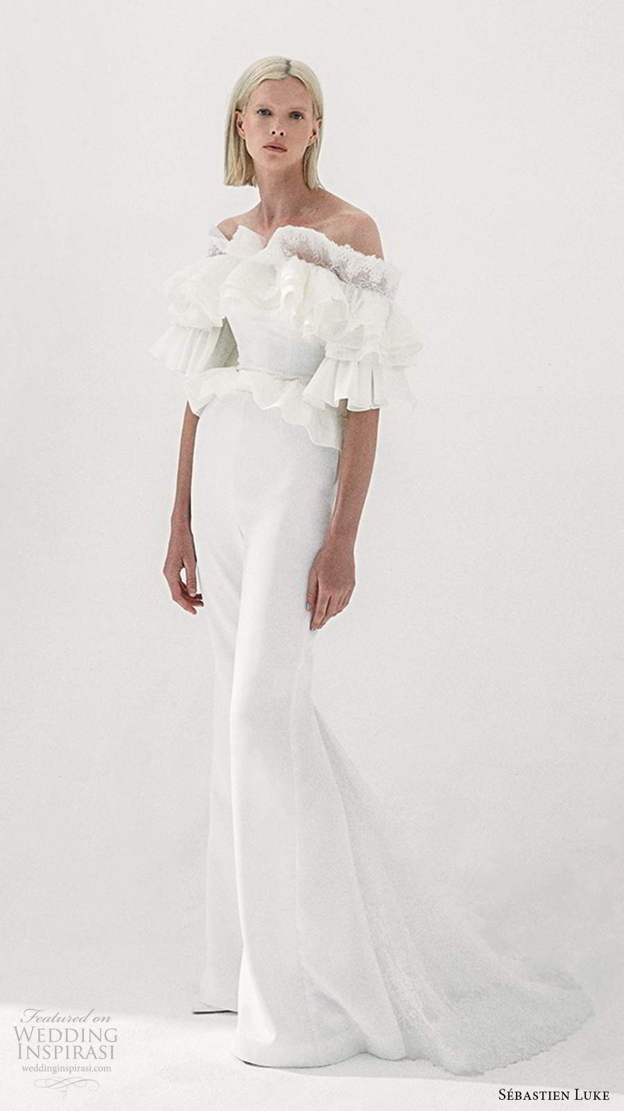 sebastien luke fall 2020 bridal elbow length sleeves off shoulder neckline ruffle top pant wedding dress (1) fv