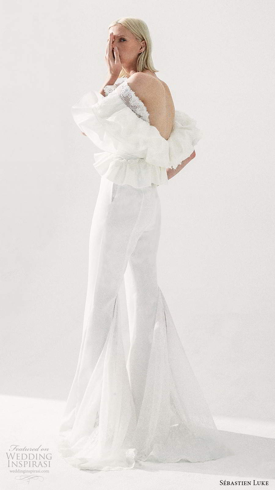 sebastien luke fall 2020 bridal elbow length sleeves off shoulder neckline ruffle top pant wedding dress (1) mv