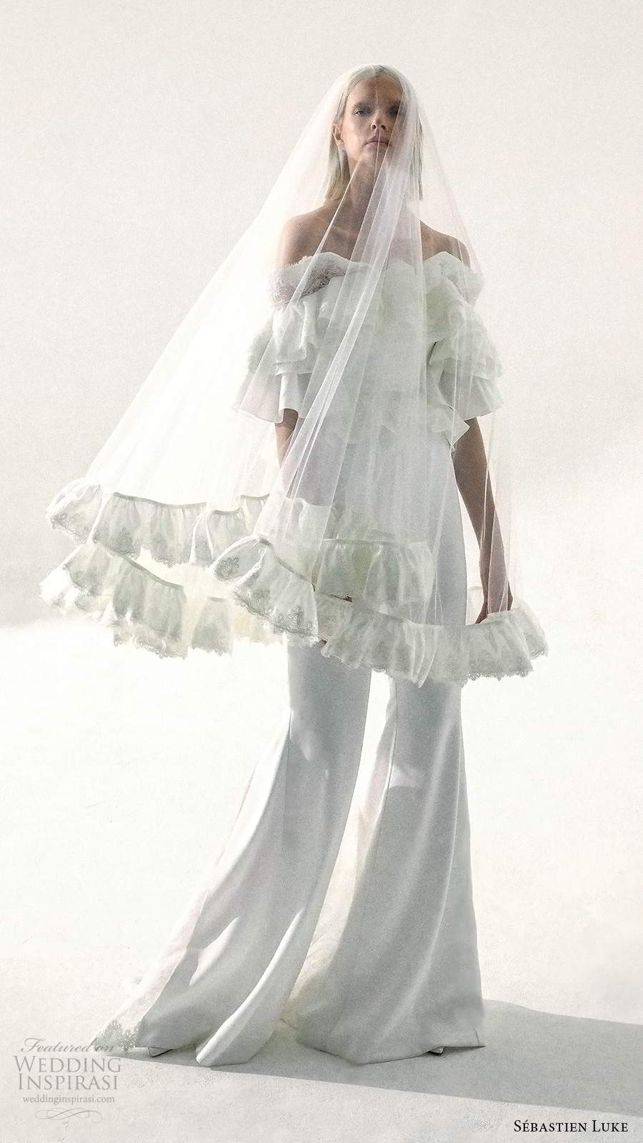 sebastien luke fall 2020 bridal elbow length sleeves off shoulder neckline ruffle top pant wedding dress veil (1) mv