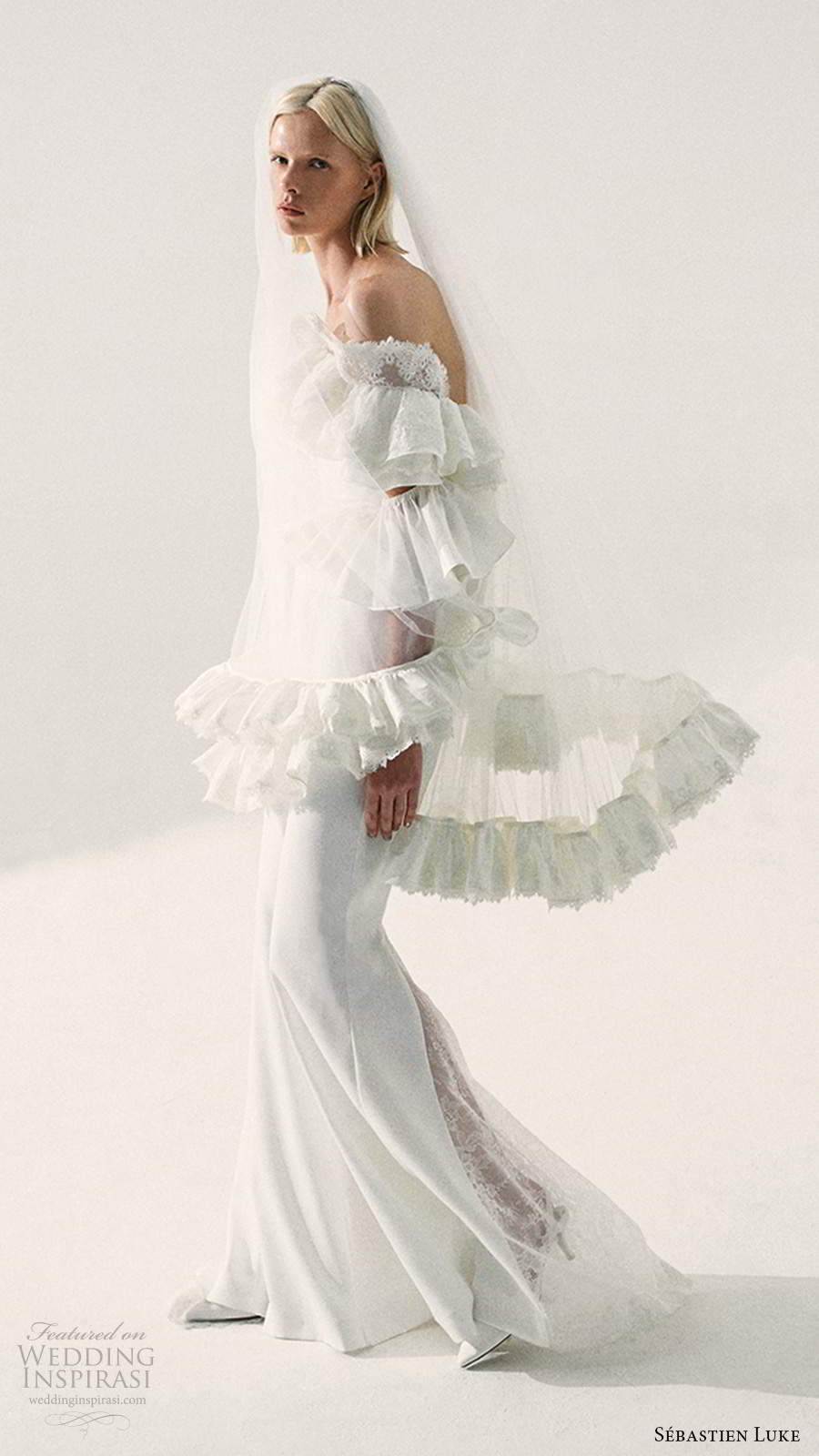 sebastien luke fall 2020 bridal elbow length sleeves off shoulder neckline ruffle top pant wedding dress veil (1) sv