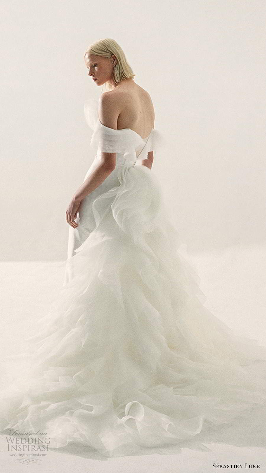 sebastien luke fall 2020 bridal off shoulder sweetheart neckline clean minimalist mermaid wedding dress ruffle skirt chapel train (6) bv