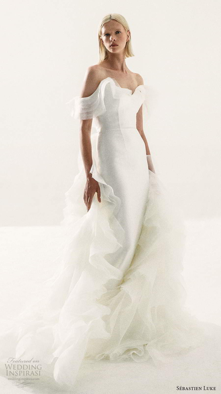 sebastien luke fall 2020 bridal off shoulder sweetheart neckline clean minimalist mermaid wedding dress ruffle skirt chapel train (6) mv