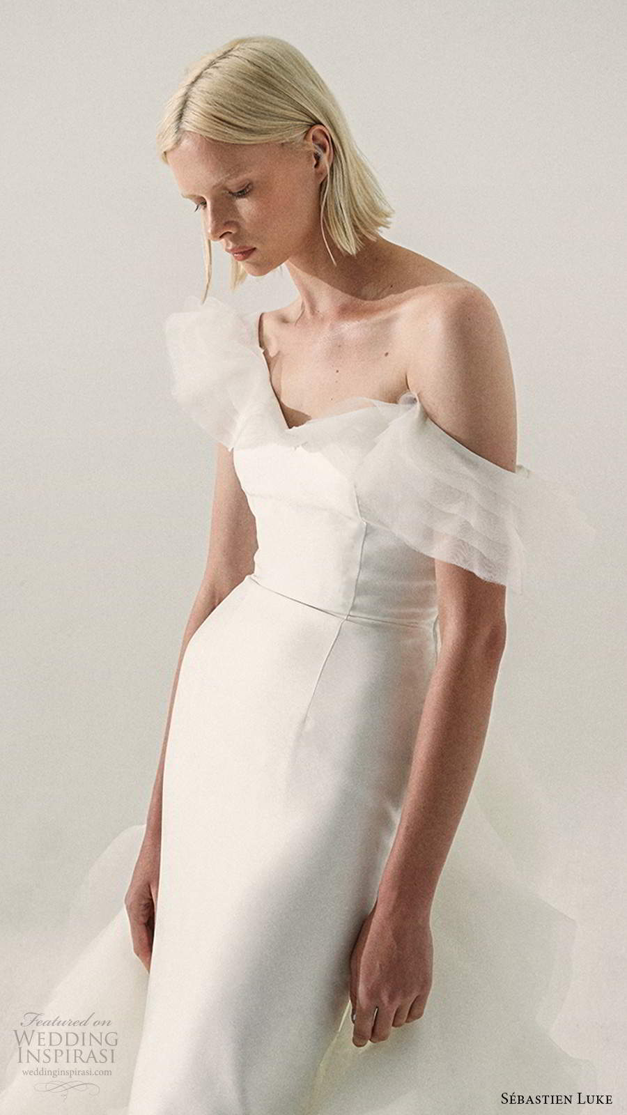 sebastien luke fall 2020 bridal off shoulder sweetheart neckline clean minimalist mermaid wedding dress ruffle skirt chapel train (6) zv