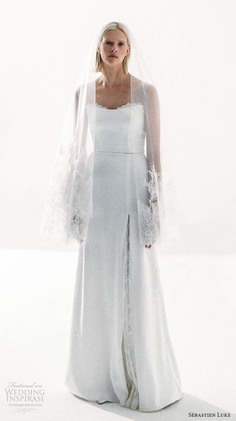 sebastien luke fall 2020 bridal strapless semi sweetheart neckline clean minimalist a line wedding dress slit skirt (7) mv
