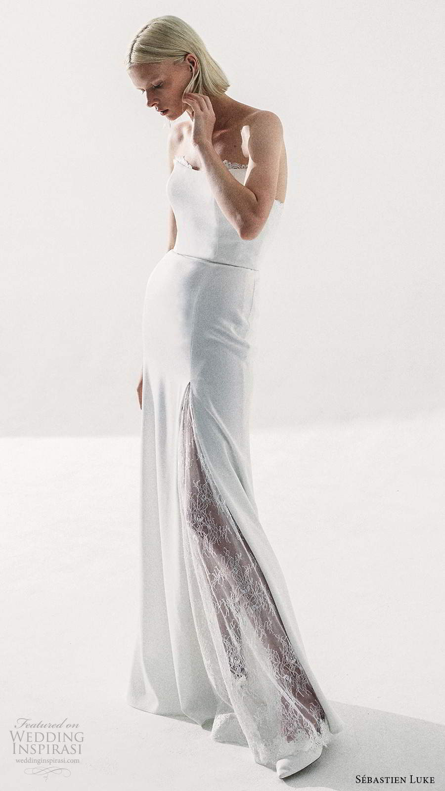 sebastien luke fall 2020 bridal strapless semi sweetheart neckline clean minimalist a line wedding dress slit skirt (7) sv